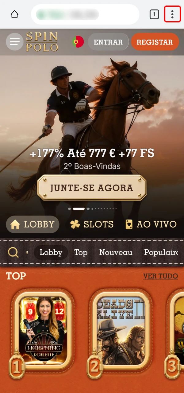 Use o Chrome no Android para abrir o site da Spinpolo App.