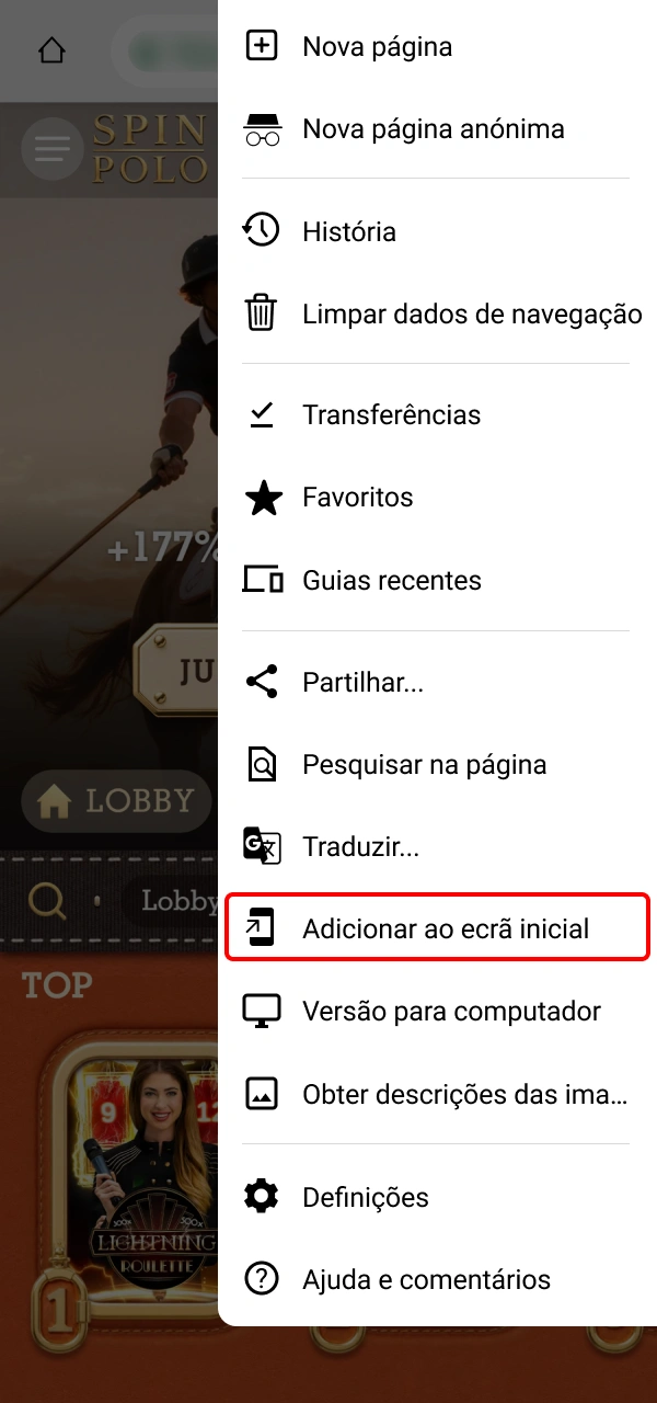 Salve o atalho no Android para instalar a Spinpolo App facilmente.