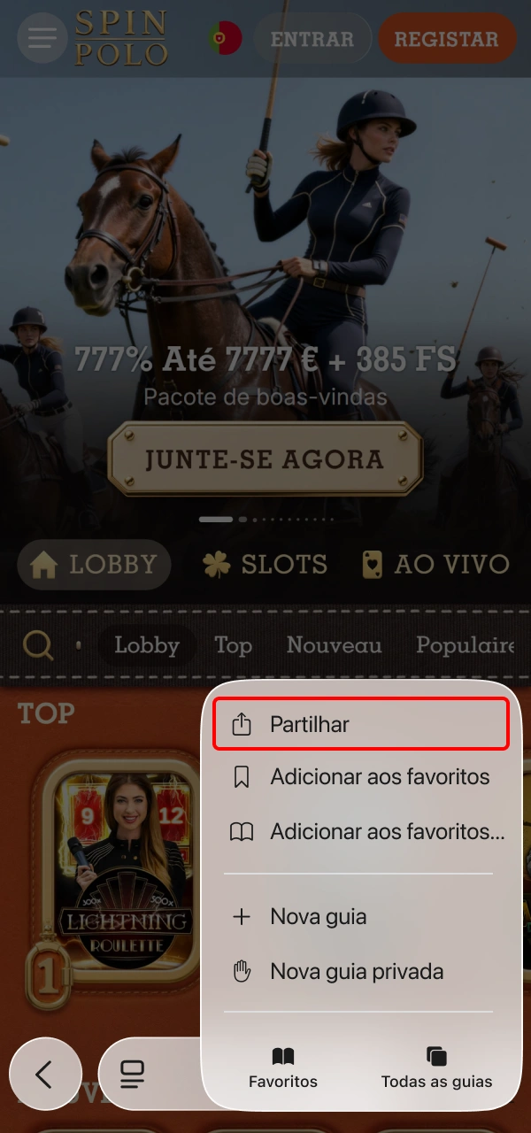 Use as opções do Safari no iOS para configurar a Spinpolo App.