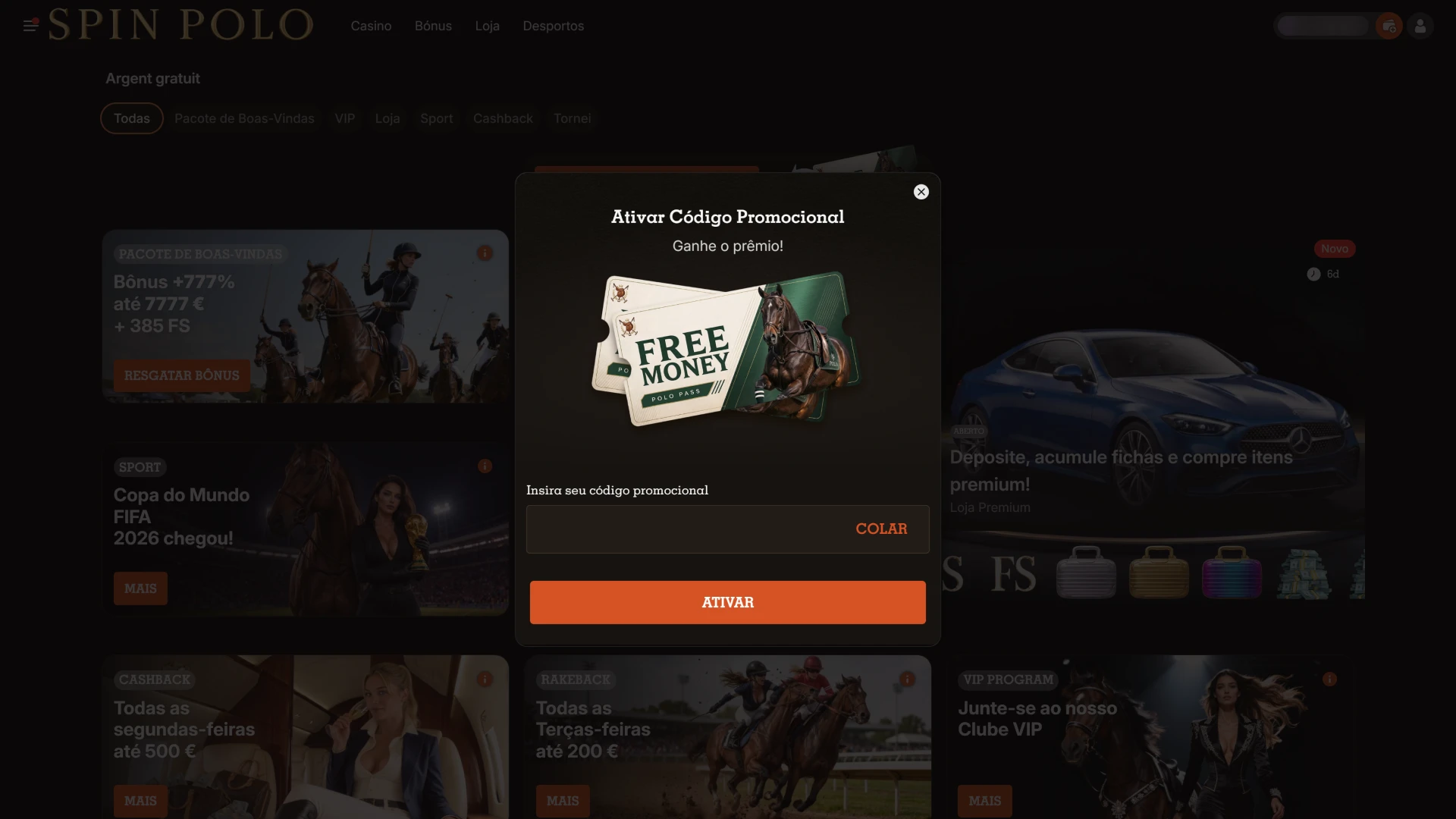 Digite o código promocional e garanta mais um Bónus Spinpolo.