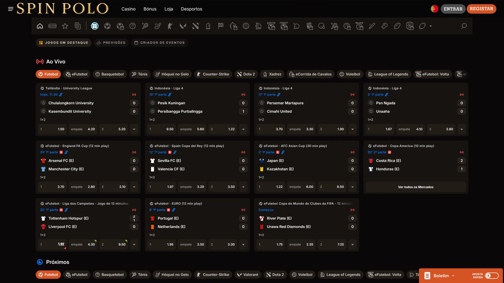 Navegue pela secção de desportos na interface intuitiva da Spinpolo.