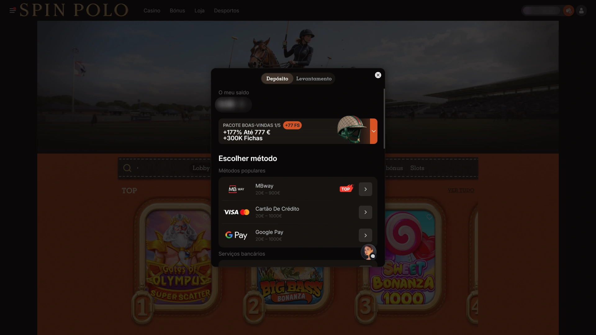 Transfira fundos para começar a apostar nas Slots Spinpolo.